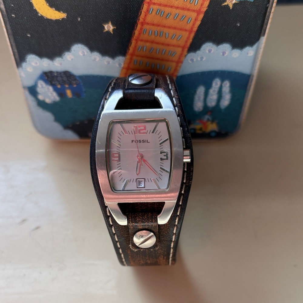 Fossil Silver and Brown Woodgrain Leather Watch
